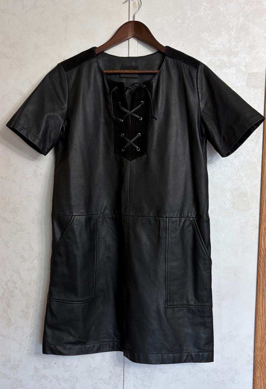 Stella Nova Black Genuine Leather Lace-Up Short Sleeve Mini Dress Size 40 (US 8)